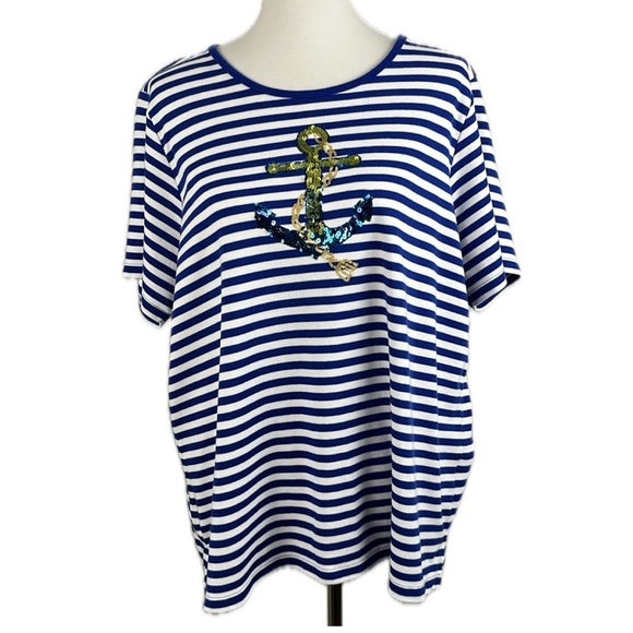 Quacker Factory Blue Stripe Sequin Anchor T-shirt Nautical Sailor Sz XL Cruise - Picture 1 of 13